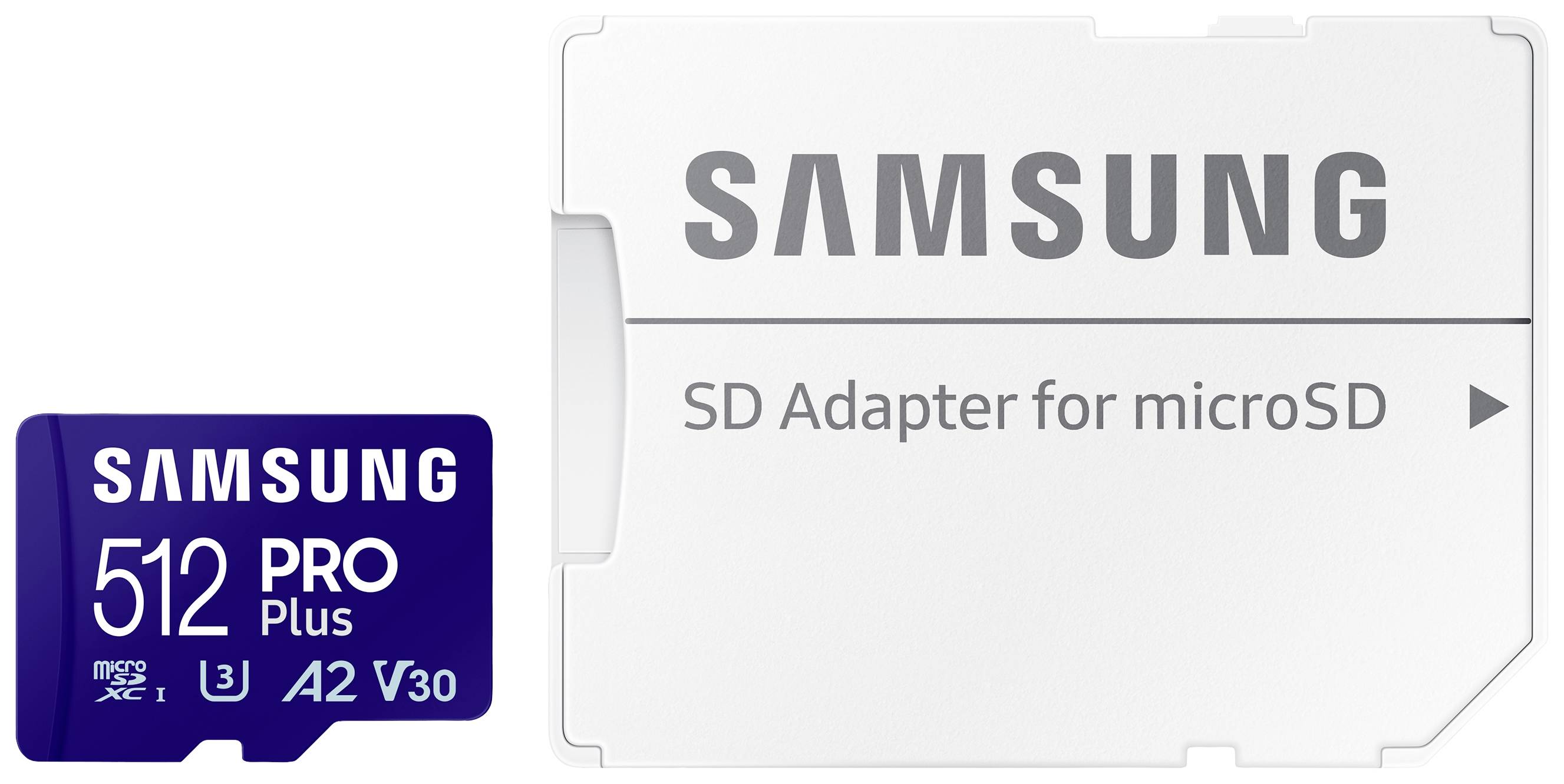 Samsung 512GB microSD-Karte und SD-Adapter, kompatibel mit U3, A2, V30 Standards, geeignet für High-Speed-Speicheranforderungen.