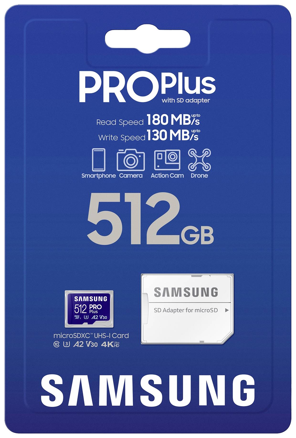 Samsung PRO Plus microSDXC-Karte 512 GB A2 Application Performance Class, v30 Video Speed Class, UH