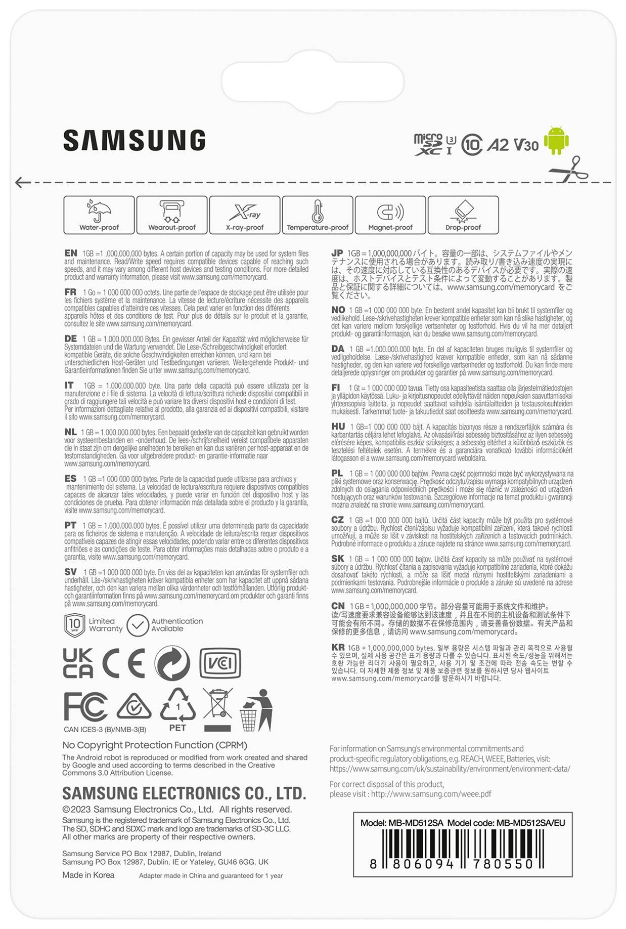 Rückseite einer Samsung microSD-Kartenverpackung mit technischen Informationen in mehreren Sprachen. Enthält Symbole und Sicherheitszertifikate.