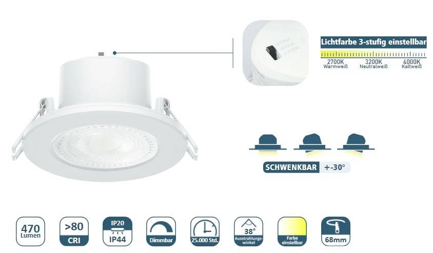 Counttec SPA44-6W-XW LED-Einbauleuchte EEK: G (A - G) 6W Weiß