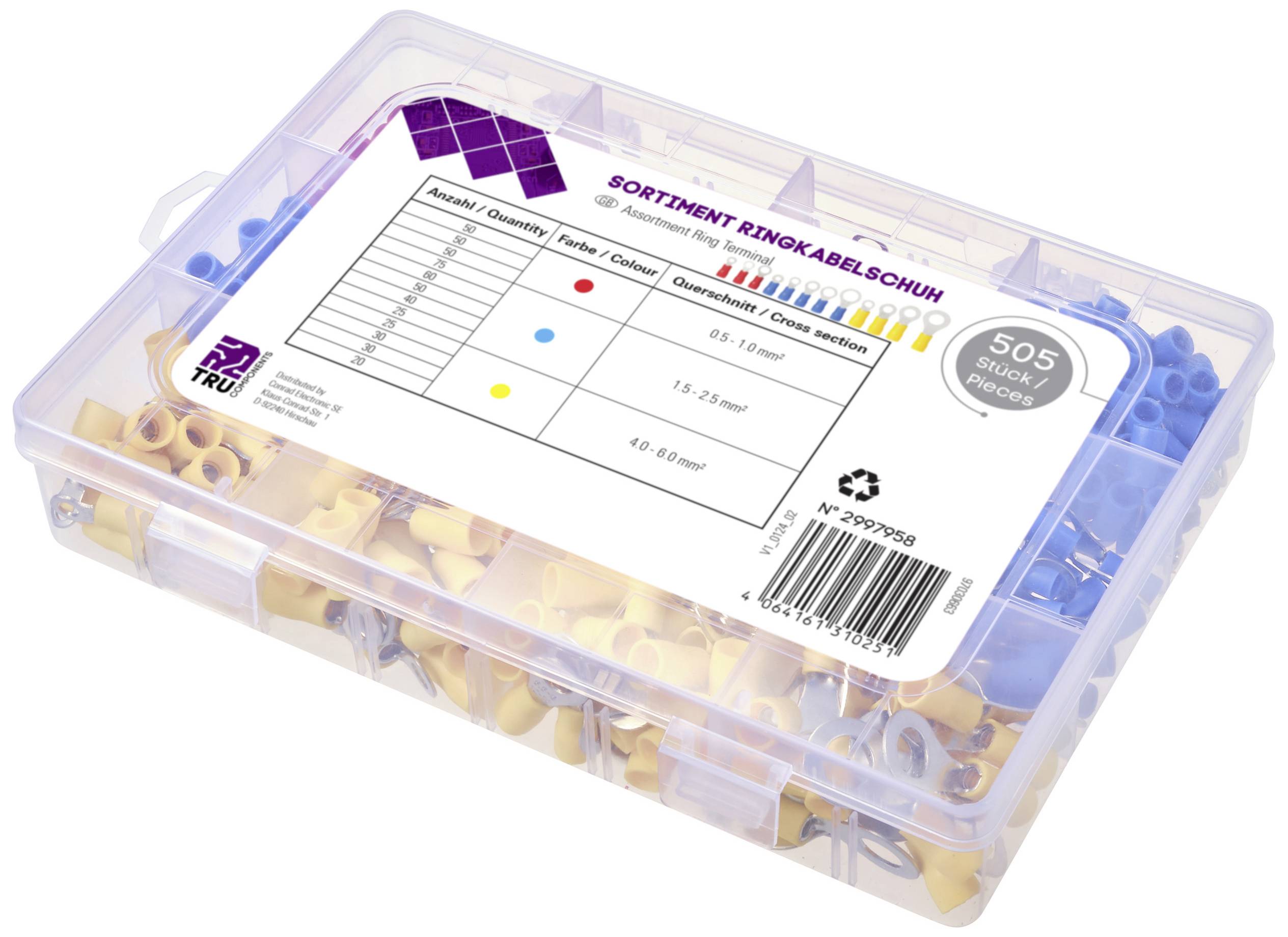 TRU COMPONENTS TC-11991832 Ringkabelschuh-Sortiment Teilisoliert 0.5mm² 6mm² Rot, Blau, Gelb 505St.