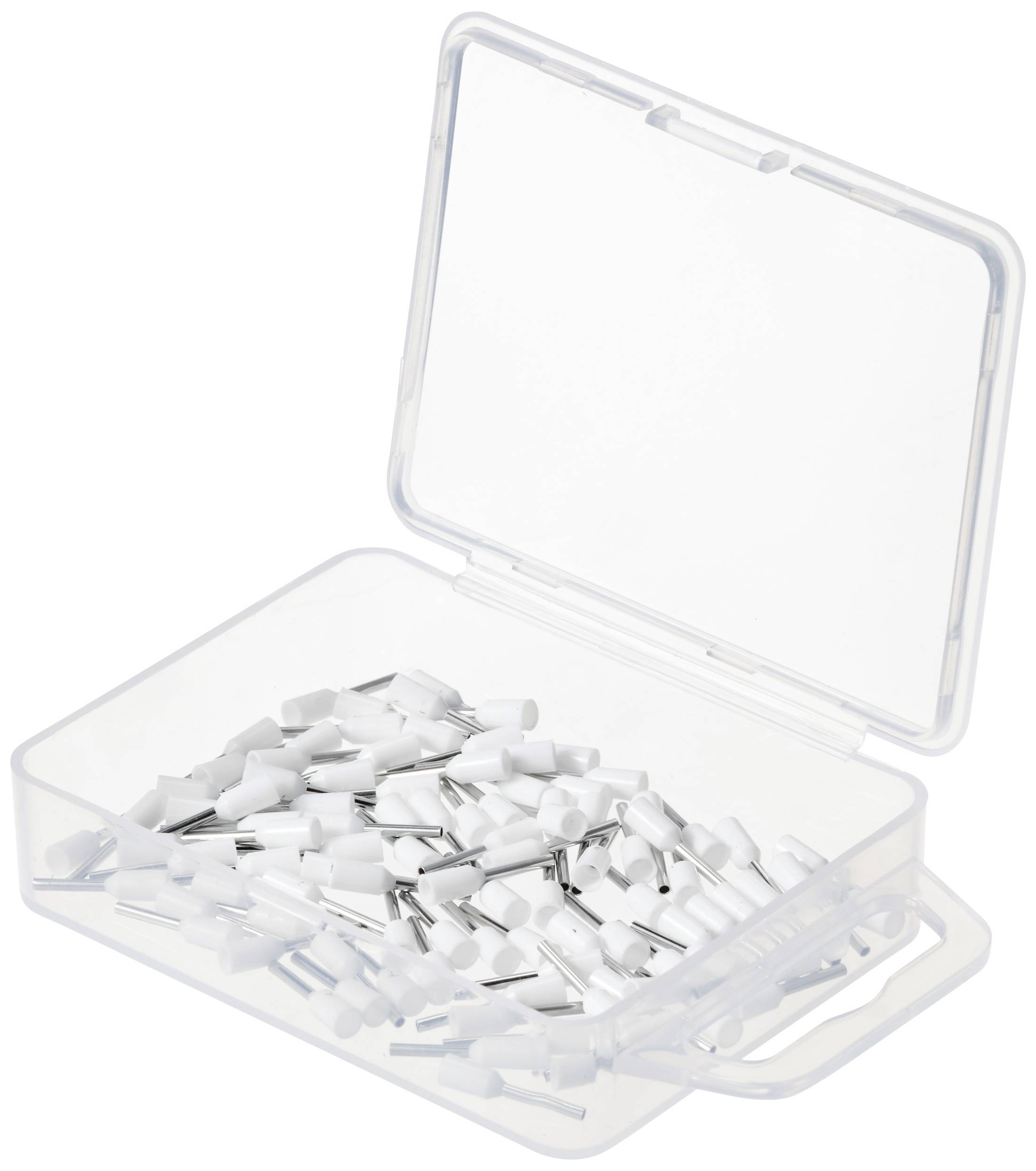 Geöffnete Plastikbox mit vielen weißen Steckverbindern, die ordnungsgemäß angeordnet sind.