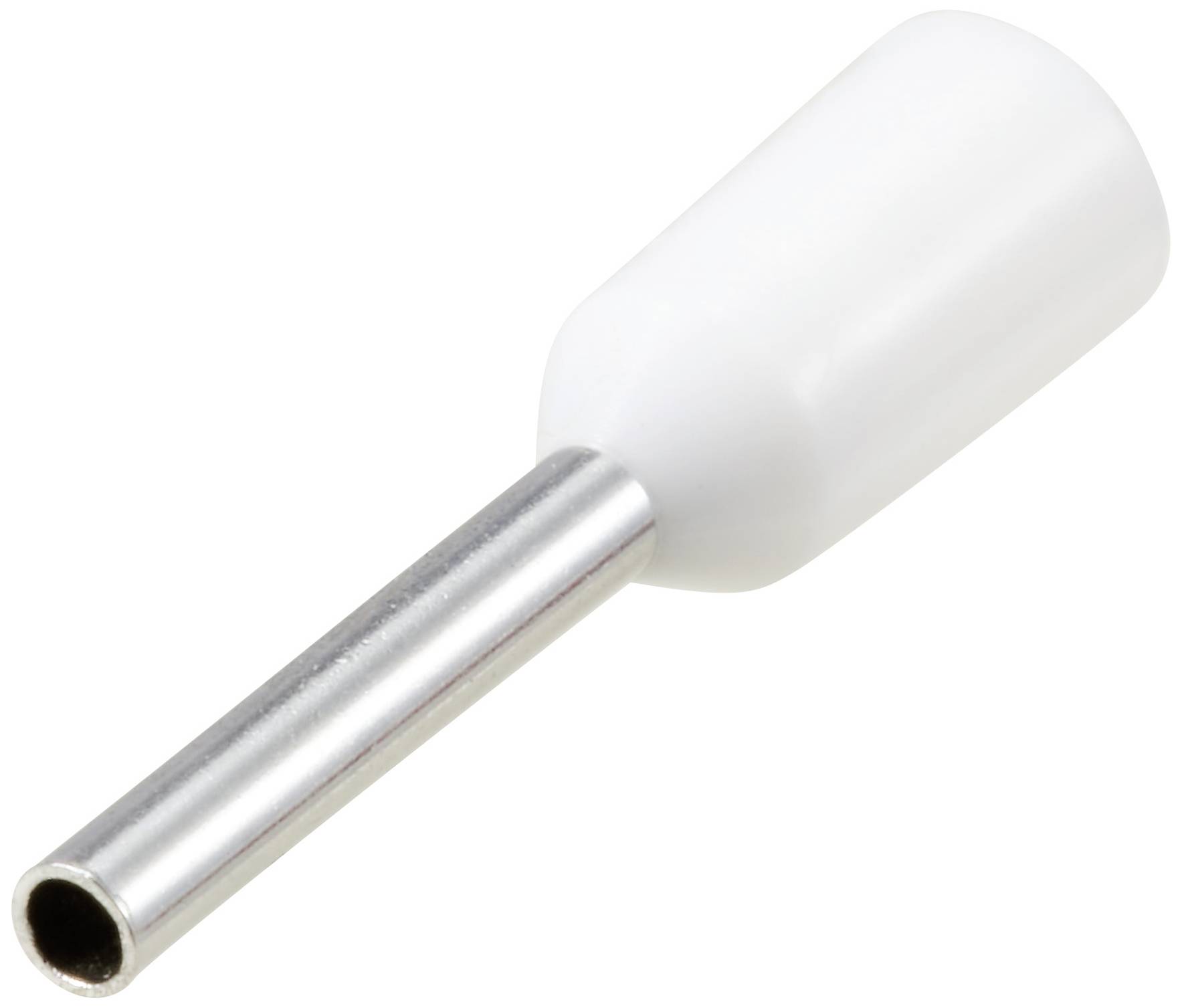 Metallhülse mit weißem Isolierkragen, oft als Aderendhülse verwendet, für Stromleitungen.