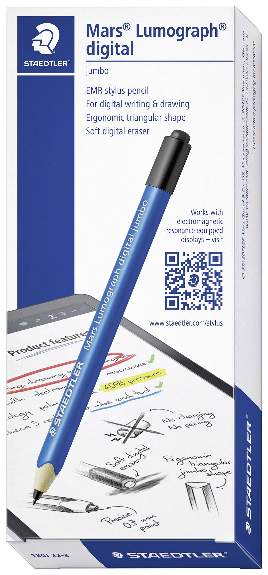 Staedtler Mars® Lumograph® digital jumbo Digitaler Stift mit druckempfindlicher Schreibspitze, mit präziser Schreibspitze, Radiergummi-Taste Blau