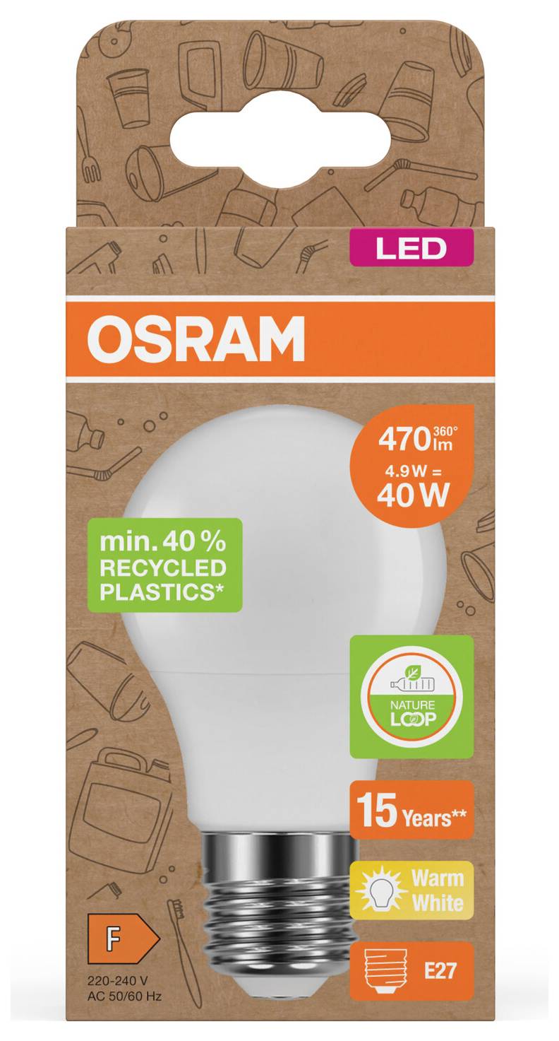 OSRAM LED-Glühbirne, 40W-Äquivalent, warmweiß, E27-Sockel, mindestens 40% recycelter Kunststoff, 15 Jahre Lebensdauer.