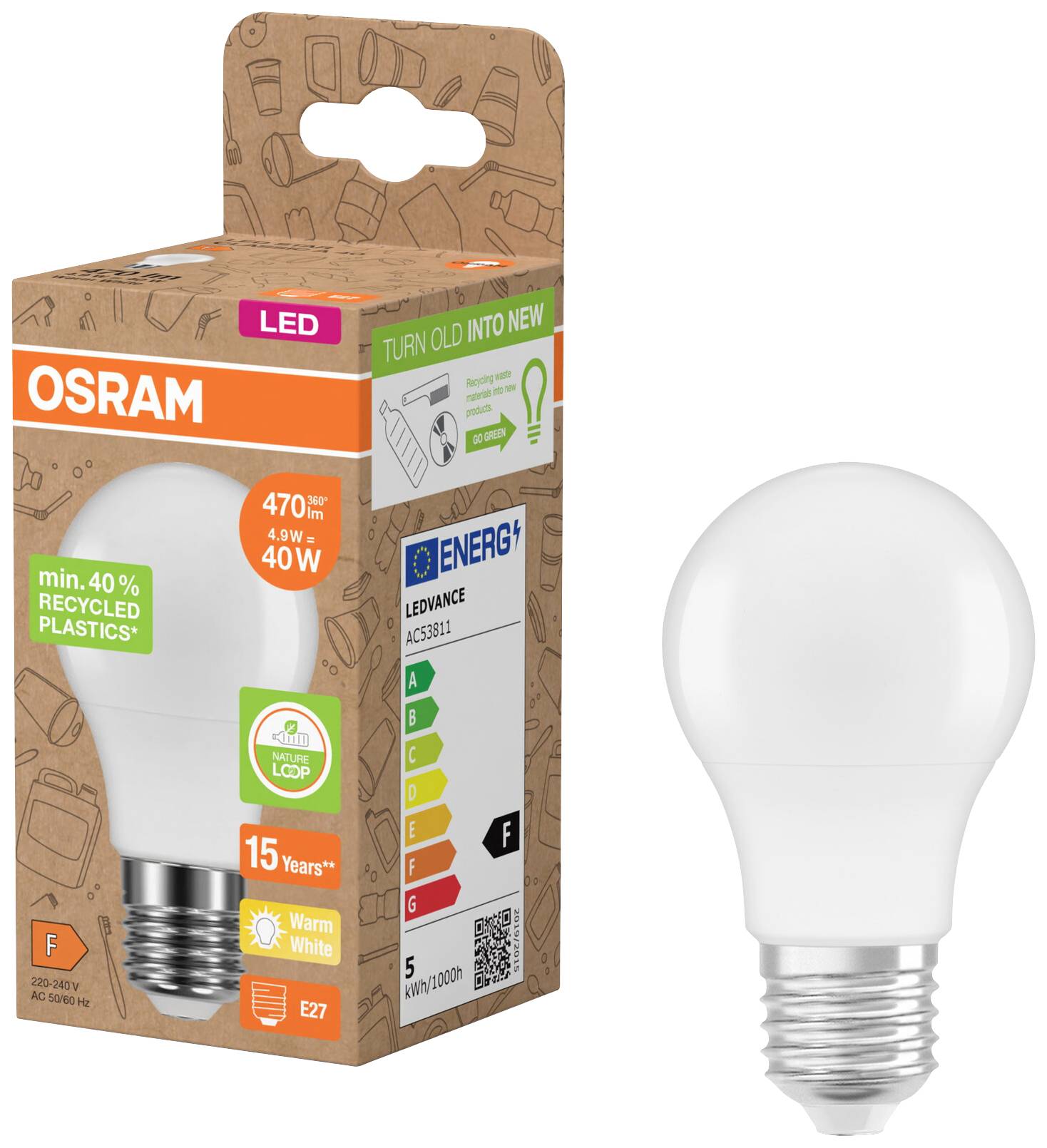 OSRAM HOMELIGHTING 4058075831766 LED EEK F (A - G) E27 Glühlampenform 4.9W = 40W Warmweiß (Ø x L) 55mm x 100mm 1St.