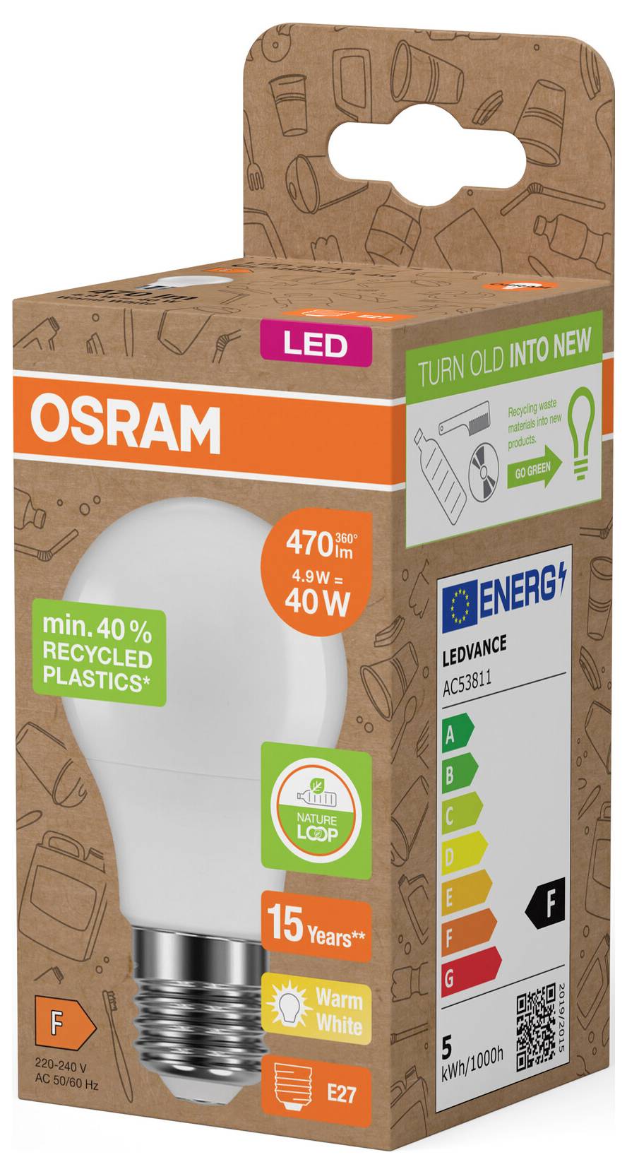 OSRAM LED-Glühbirne in brauner recycelter Pappe verpackt, gekennzeichnet mit 40W-Äquivalent, warmweiß, Energieklasse F und „Aus Alt mach Neu