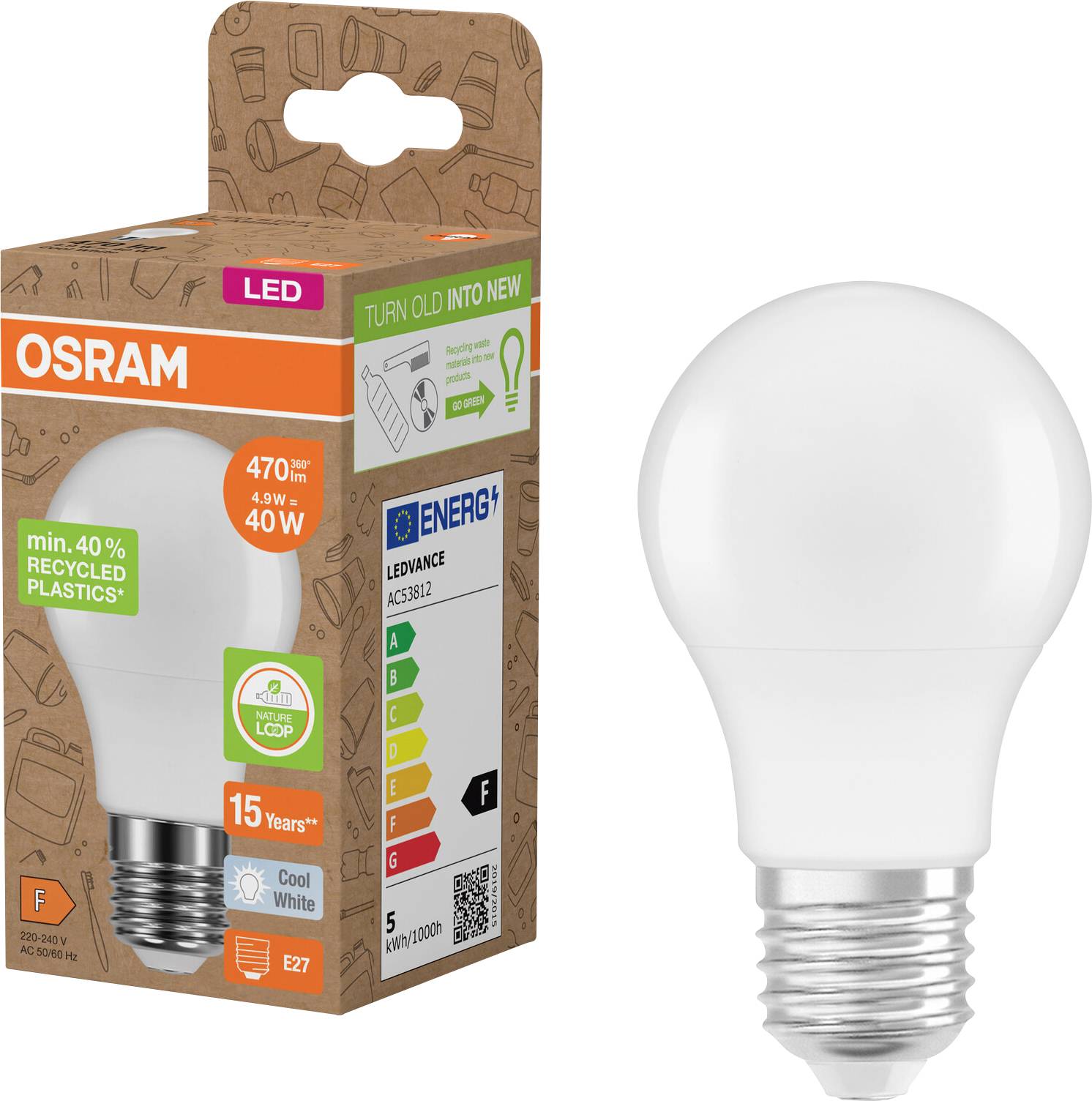 OSRAM LED-Glühbirne in umweltfreundlicher Verpackung, zeigt eine kaltweiße E27-Birne und ein Energieetikett mit Angaben von 470 lm, 4,9 W, entsprechend 40 W.