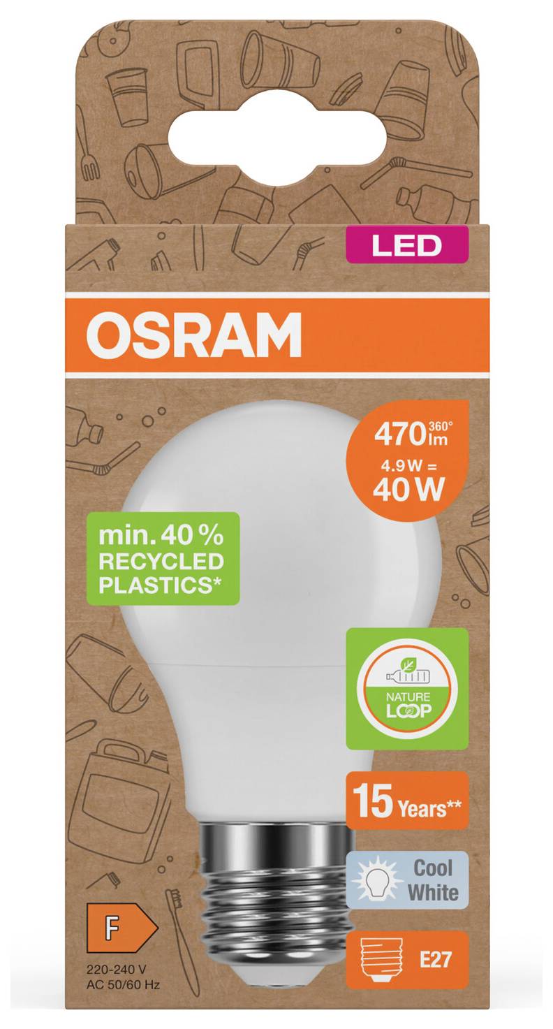 OSRAM LED-Glühbirne auf der Verpackung mit einer 40-W-Entsprechung, 4,9 W Leistung, E27-Sockel, Kaltweiss, 15 Jahre und 40 % recycelte Kunststoffe.
