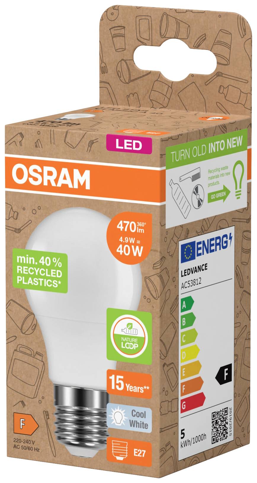 OSRAM HOMELIGHTING 4058075831780 LED EEK F (A - G) E27 Glühlampenform 4.9 W = 40 W Neutralweiß (Ø x L) 55 mm x 100 mm 1 St.