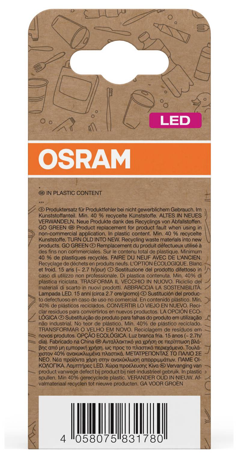 OSRAM LED-Glühbirnenpackung aus Kunststoff in Kartonverpackung mit braunem recyceltem Design und Barcode am unteren Ende.
