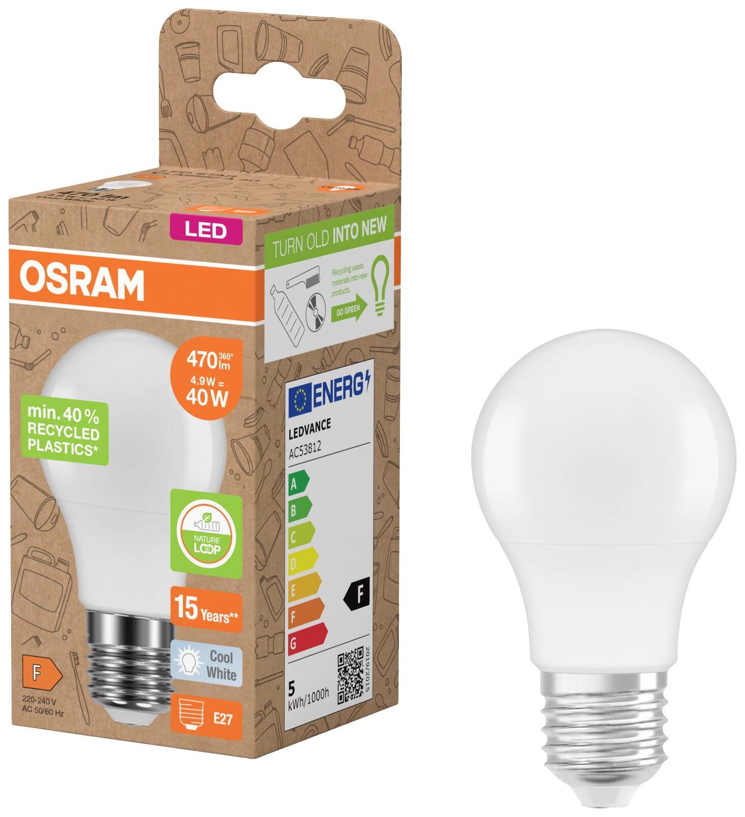 OSRAM HOMELIGHTING 4058075831780 LED EEK F (A - G) E27 Glühlampenform 4.9W = 40W Neutralweiß (Ø x L) 55mm x 100mm 1St.