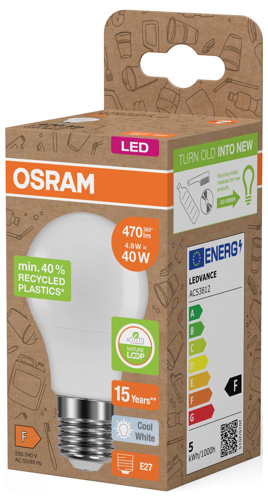 OSRAM LED-Glühbirne Verpackung, zeigt eine 40-W-Equivalent-Kaltweiß-Glühbirne mit 
