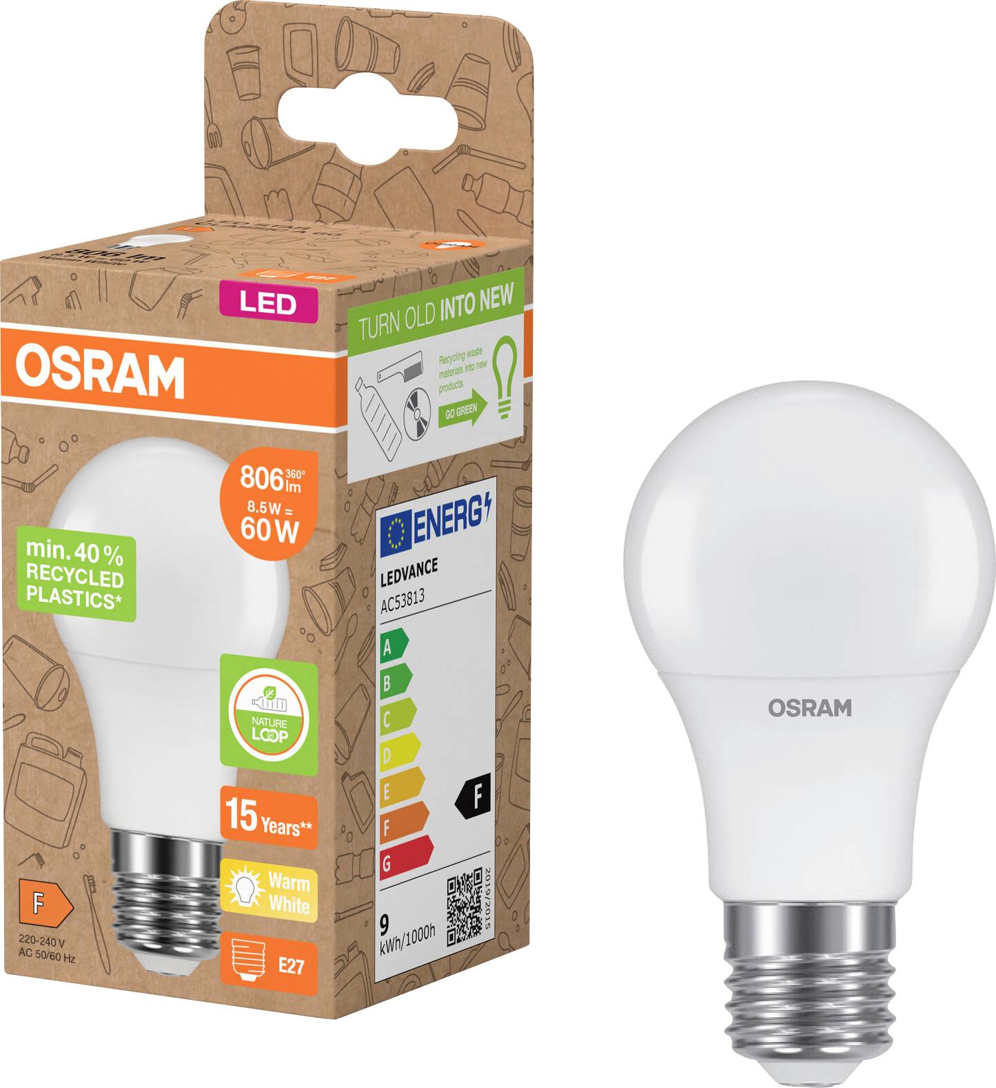 OSRAM LED-Glühbirne neben ihrer Einzelhandelsverpackung abgebildet, gekennzeichnet mit 806 lm, 8,5 W, 60-W-Äquivalent, E27 und „40 % recycelter Kunststoff