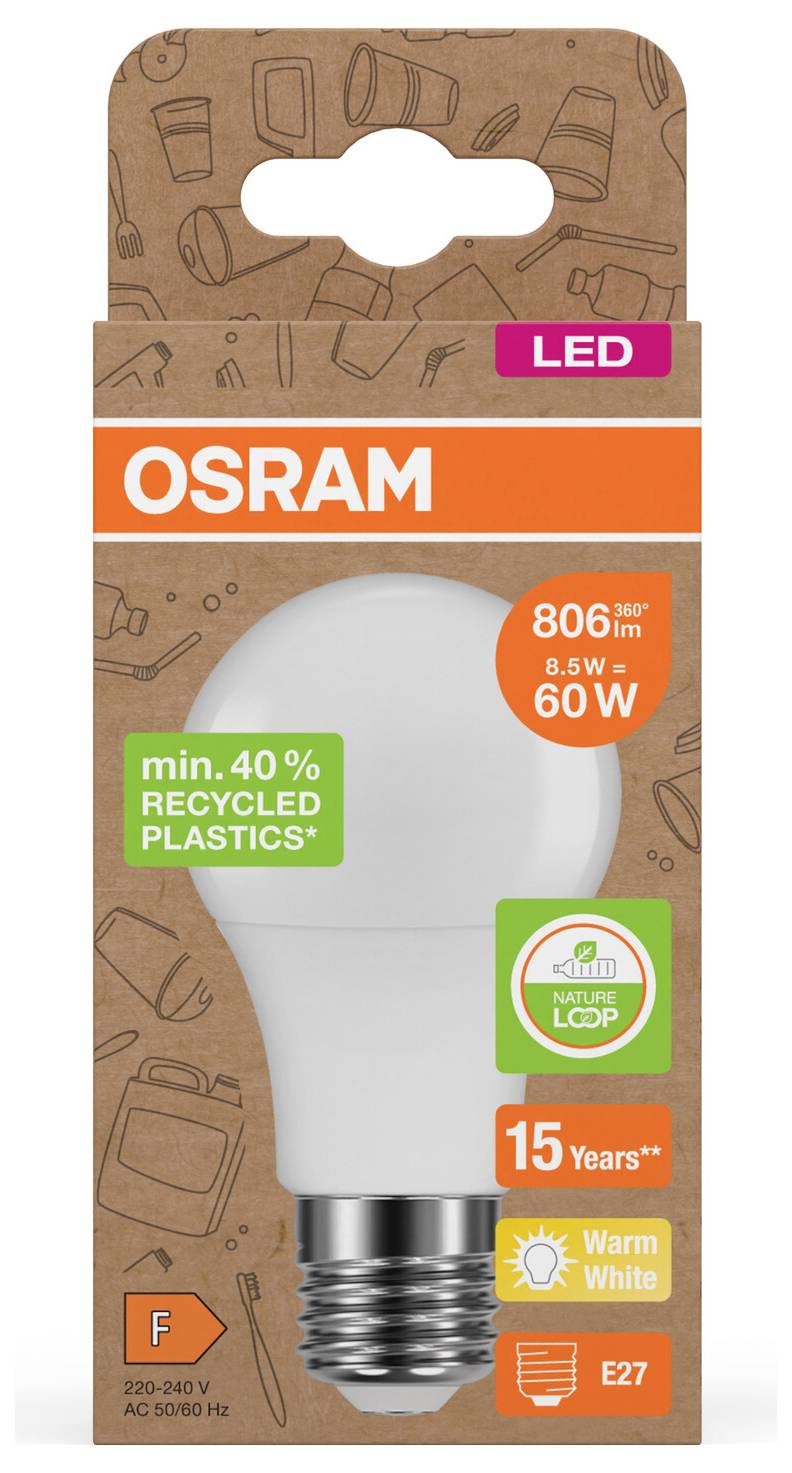 OSRAM LED-Glühbirne für E27-Fassung, 8,5W entspricht 60W, warmweiß, 15 Jahre Lebensdauer, hergestellt mit mindestens 40% recycelten Kunststoffen.