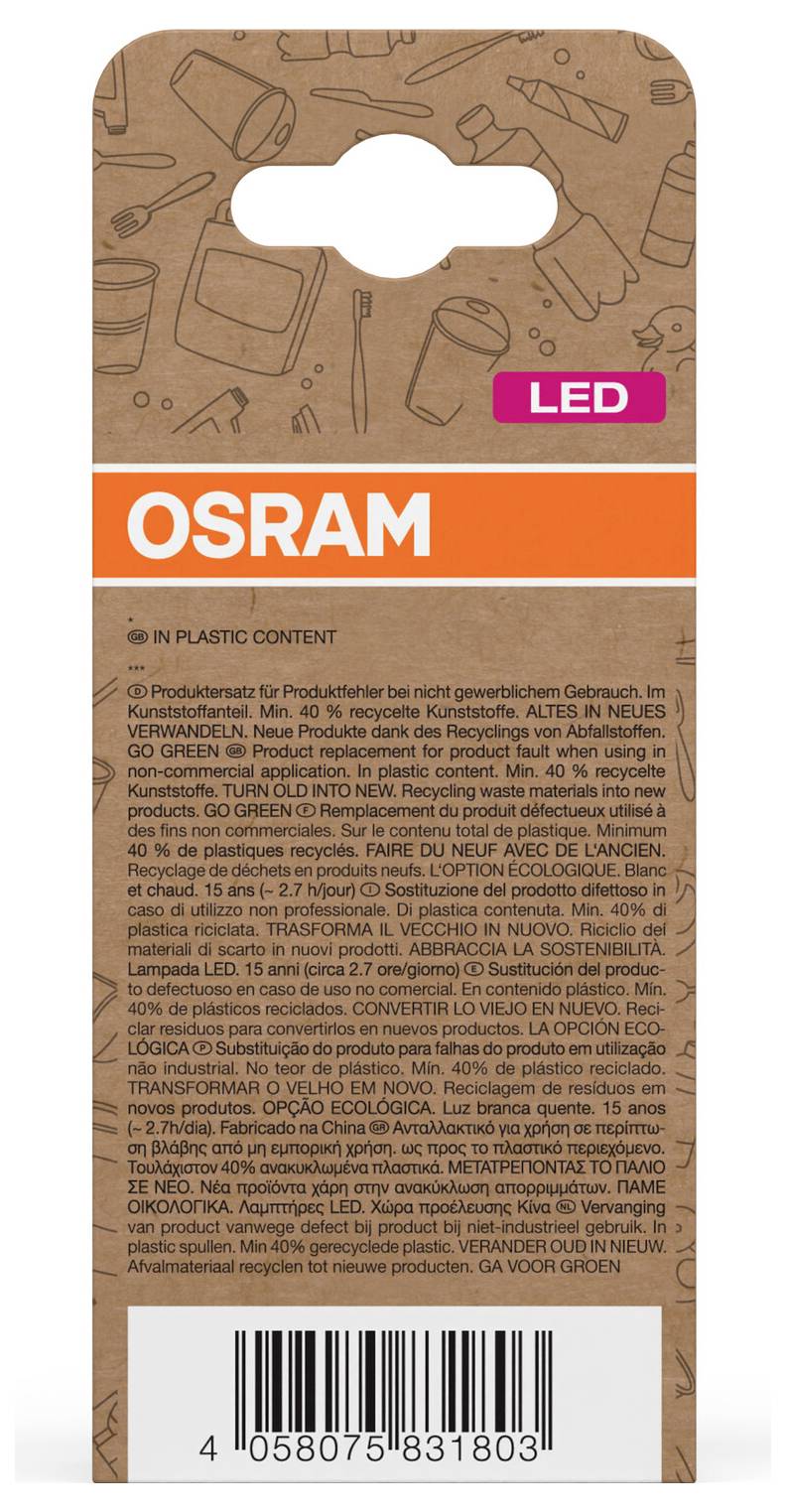 OSRAM LED-Birne in Verpackung aus braunem recyceltem Kunststoff, mit großem orangefarbenem OSRAM-Etikett und Barcode am unteren Ende.