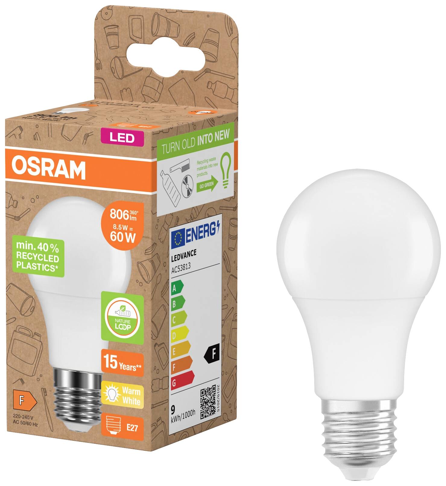 OSRAM HOMELIGHTING 4058075831803 LED EEK F (A - G) E27 Glühlampenform 8.5W = 60W Warmweiß (Ø x L) 60mm x 107mm 1St.