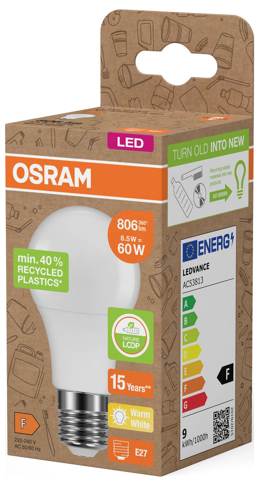 OSRAM LED-Glühbirne, Verpackung zeigt eine 60-W-Äquivalent-Birne mit 806 lm, warmweiß, E27, 15 Jahre Lebensdauer und Energieklasse F.