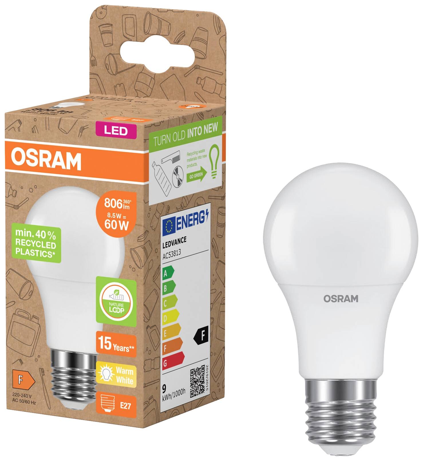 OSRAM HOMELIGHTING 4058075831803 LED EEK F (A - G) E27 Glühlampenform 8.5W = 60W Warmweiß (Ø x L) 60mm x 107mm 1St.