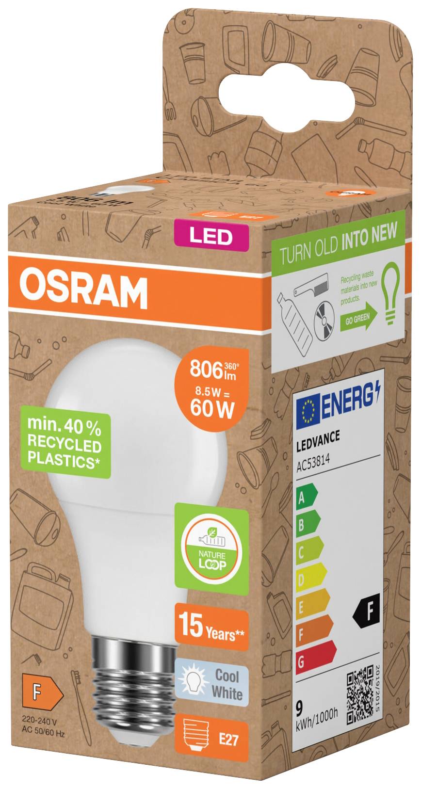 OSRAM HOMELIGHTING 4058075831827 LED EEK F (A - G) E27 Glühlampenform 8.5 W = 60 W Neutralweiß (Ø x L) 60 mm x 107 mm 1 St.