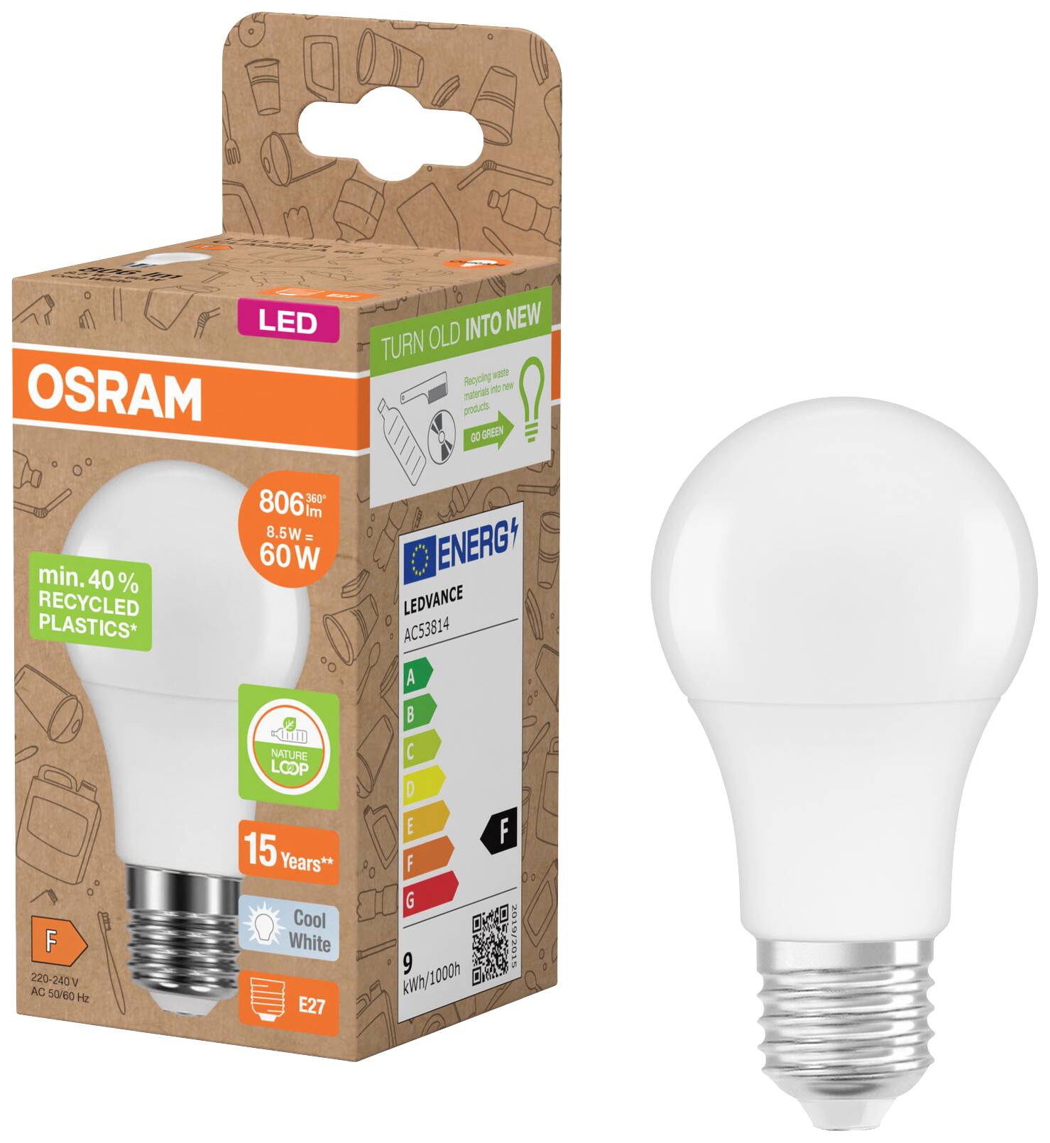 OSRAM HOMELIGHTING 4058075831827 LED EEK F (A - G) E27 Glühlampenform 8.5 W = 60 W Neutralweiß (Ø x L) 60 mm x 107 mm 1 St.