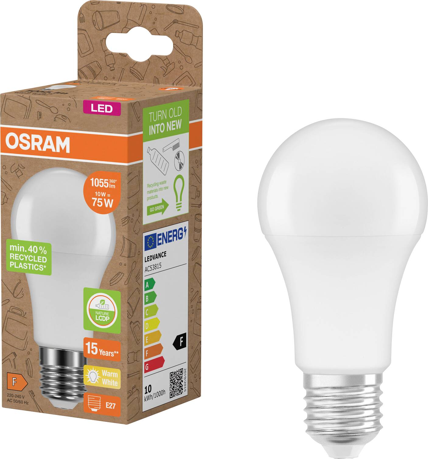 OSRAM LED-Glühbirnenverpackung neben einer weißen Glühbirne mit E27-Schraubgewinde, auf der 10W, 1055 lm, Warmweiß und eine Lebensdauer von 15 Jahren angegeben sind.