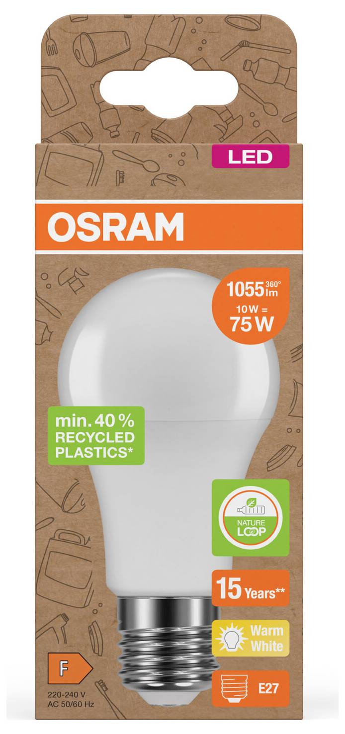 OSRAM LED-Glühbirne Verpackung mit einer warmweißen 10-W-Glühbirne, entsprechend 75W, 1055 lm, E27-Fassung, hergestellt mit mindestens 40% recycelten Kunststoffen.