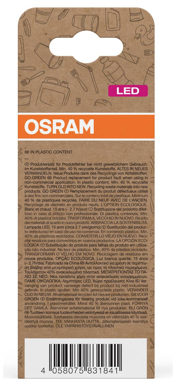 OSRAM LED-Produktpaket in braunem Karton mit orangefarbenem Markenband, mehrsprachige Produktinformationen und Barcode auf der Rückseite.