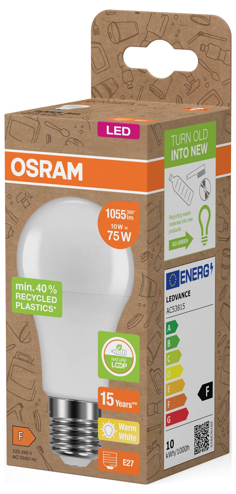 OSRAM LED-Glühbirnenverpackung mit einer 10W, 75W-äquivalenten Glühbirne, mit Recycling- und Energieeffizienz-Labels.