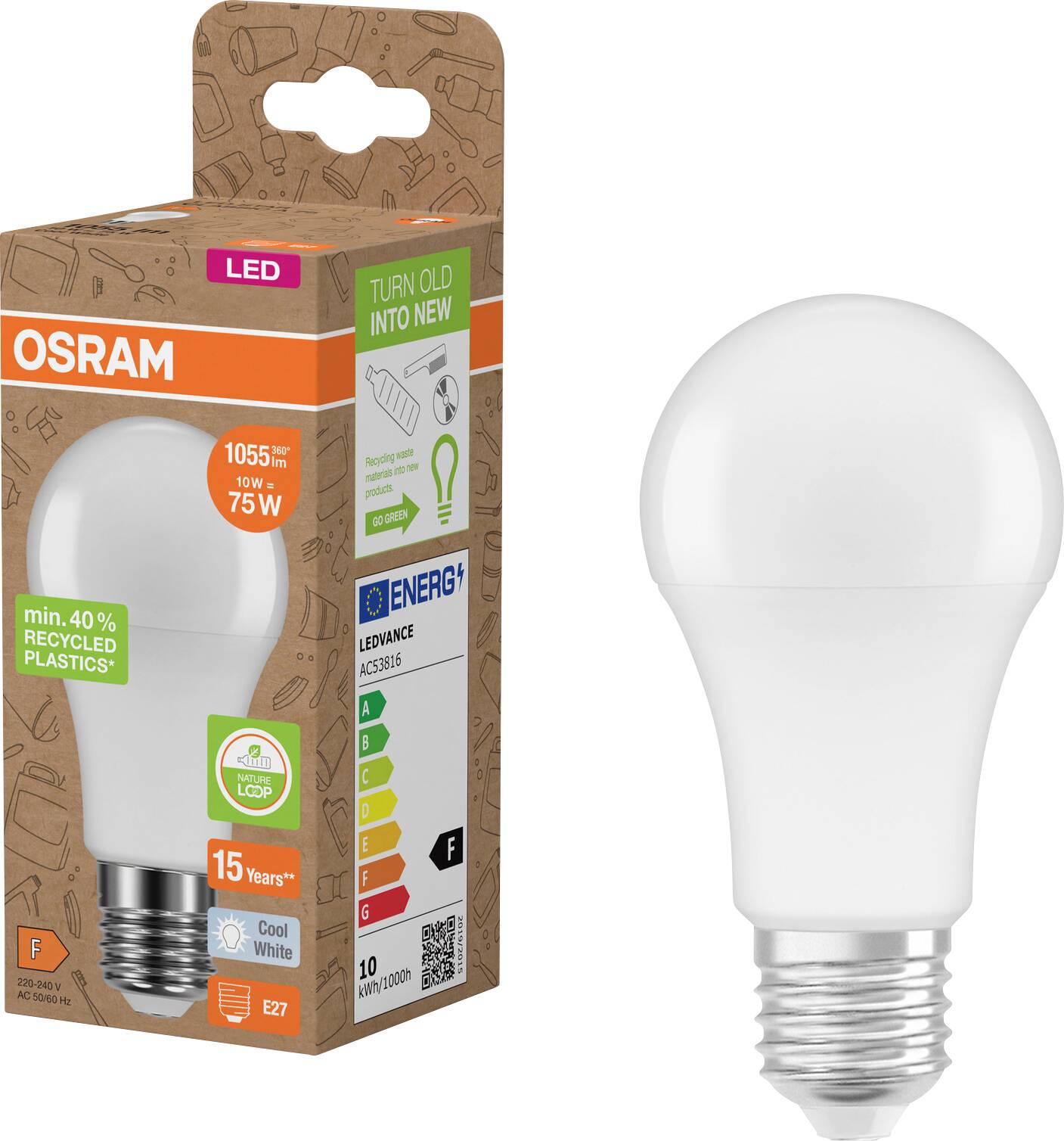 OSRAM LED-Glühbirne neben ihrer Verpackung, gekennzeichnet mit 10W, 75W-Äquivalent, warmweiß, E27-Sockel und 15-jähriger Lebensdauer.