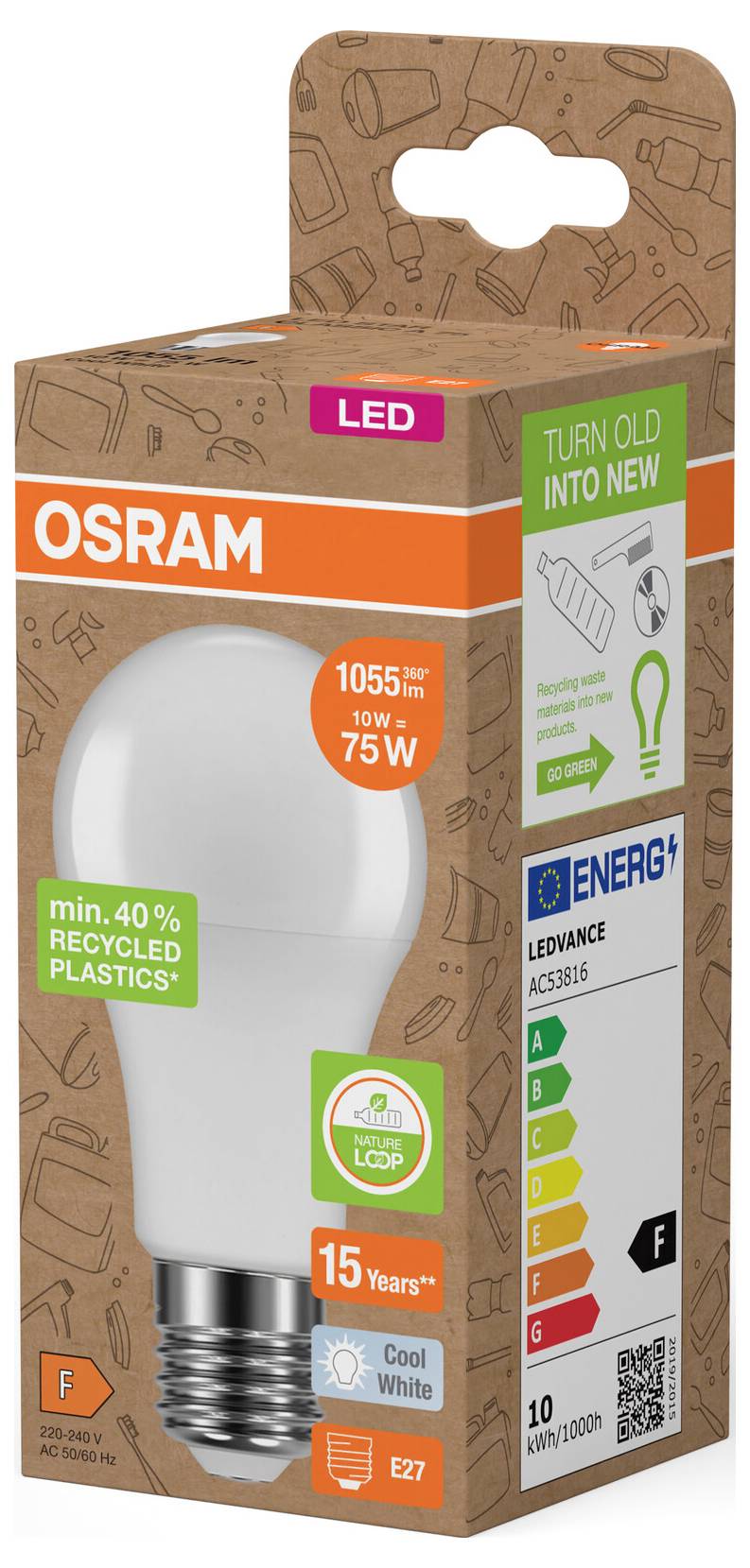 OSRAM LED-Glühbirne in einer Schachtel aus recycelten Materialien, zeigt eine 10-W-Glühbirne, die 75 W entspricht, mit Energieklasse F.