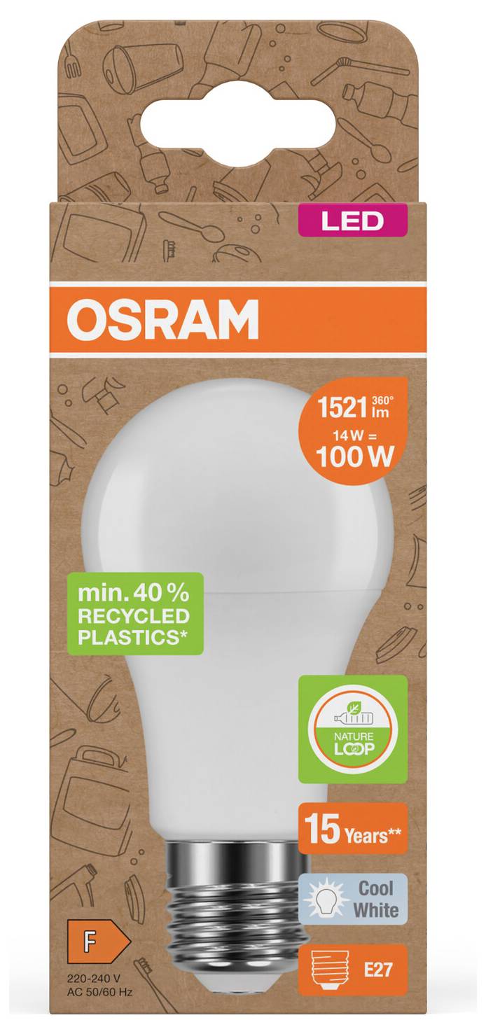 OSRAM LED-Glühbirne Verpackung mit den Aufklebern „1521 lm