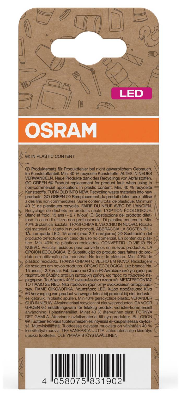 OSRAM LED-Produktpaket auf braunem Karton mit Werkzeugsymbolen, orangefarbenem Markenband und Barcode am unteren Ende.