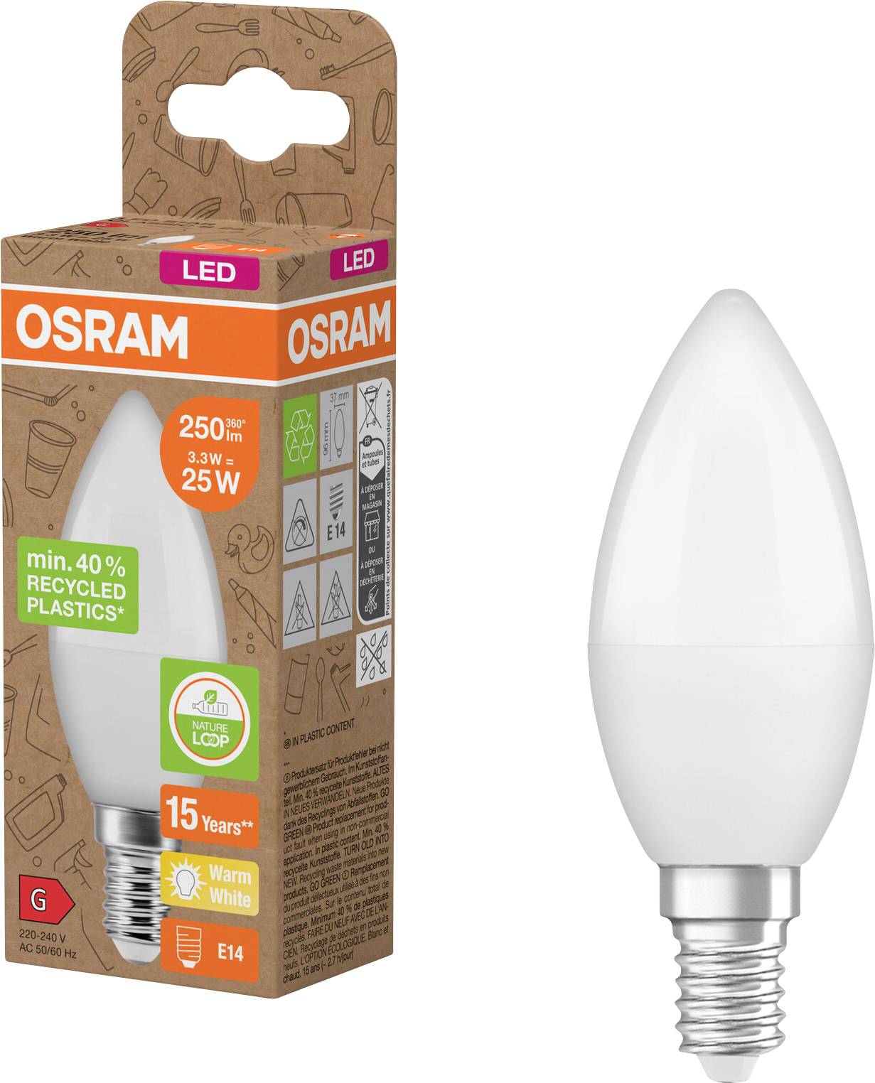 OSRAM LED-Kerzenlampe in Verpackung, gekennzeichnet mit 3,3W, 250 lm, warmweiß, E14, 15 Jahre, hergestellt mit 40% recycelten Kunststoffen.