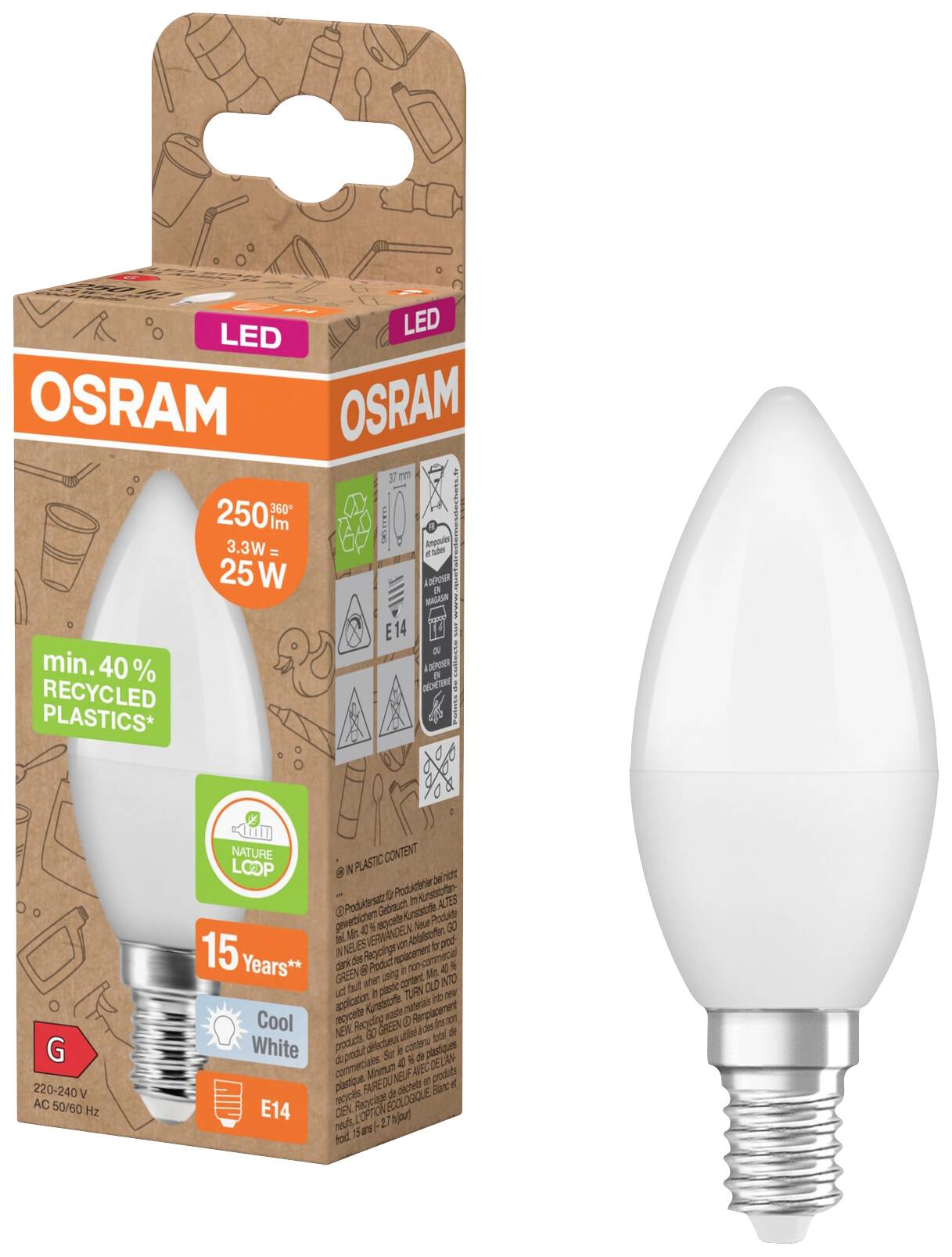 OSRAM HOMELIGHTING 4058075831940 LED EEK G (A - G) E14 Kerzenform 3.3W = 25W Neutralweiß (Ø x L) 37mm x 96mm 1St.