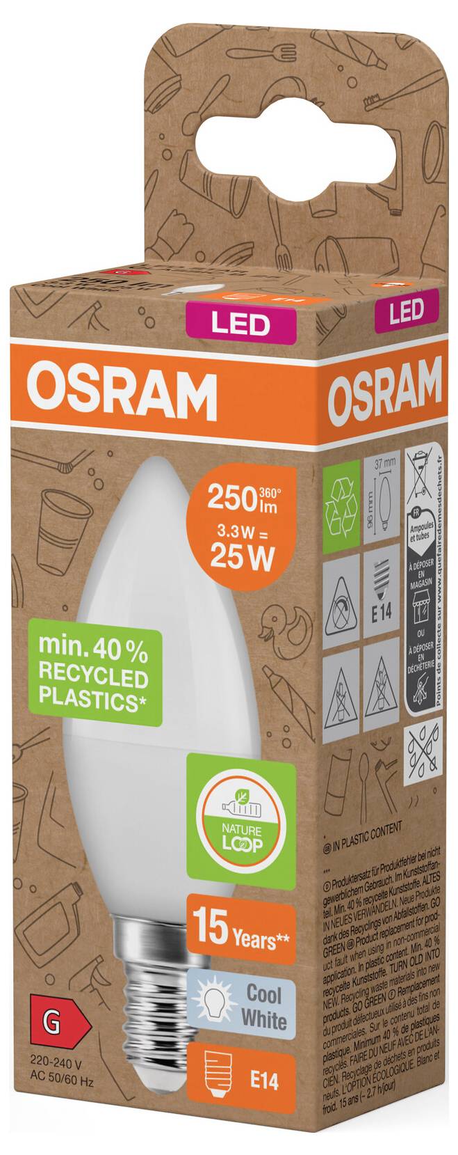 OSRAM LED-Glühbirne, Karton mit orange-brauner Verpackung aus recyceltem Kunststoff, gekennzeichnet mit 250 lm, 3,3 W, 25-W-Äquivalent, kühles Weiß, E14, 15 Jahre