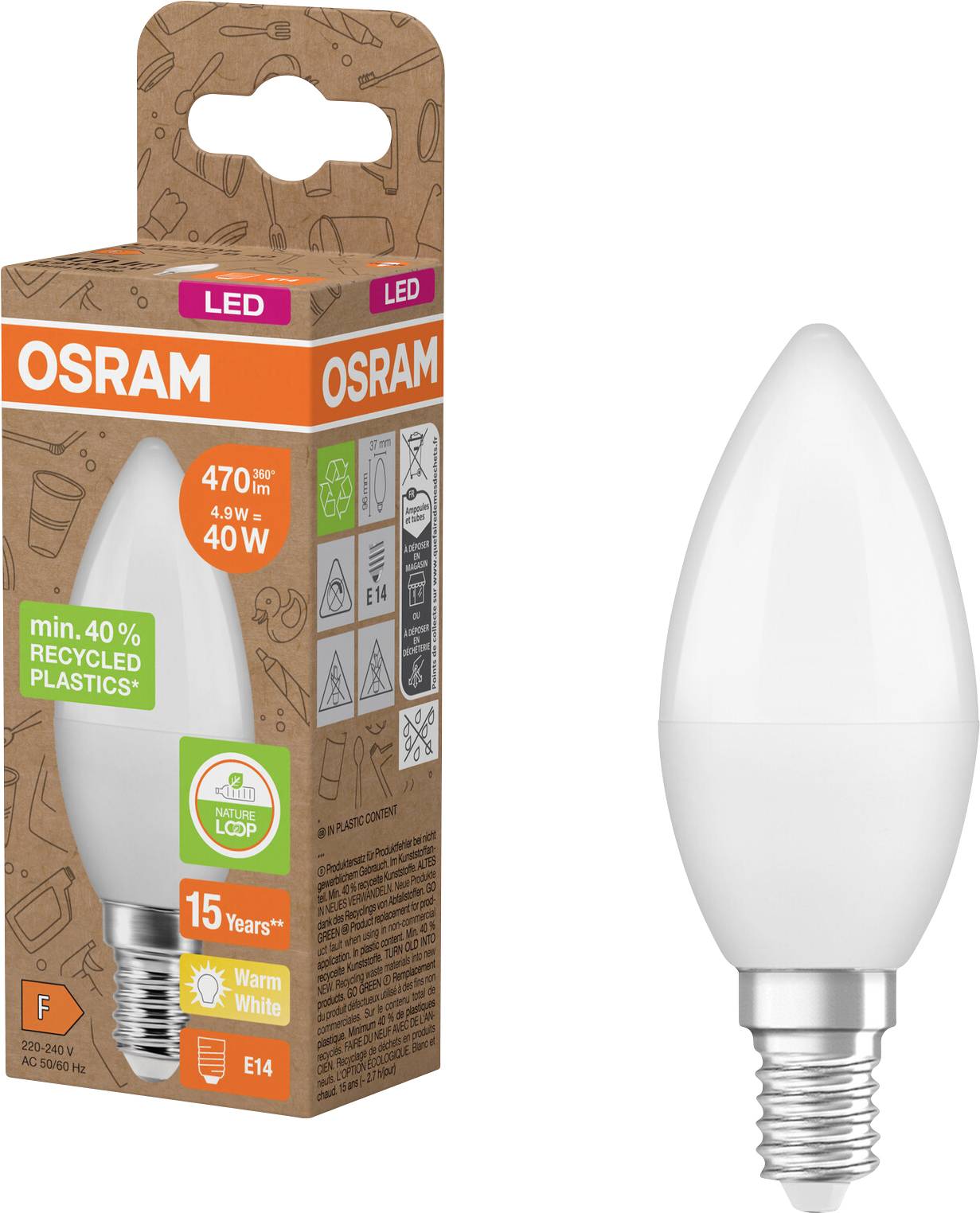 OSRAM LED-Kerzenlampe in Verpackung, 4,9W, 470 lm, warmweiß, E14-Sockel, 40W-Äquivalent, Lebensdauerangabe von 15 Jahren.