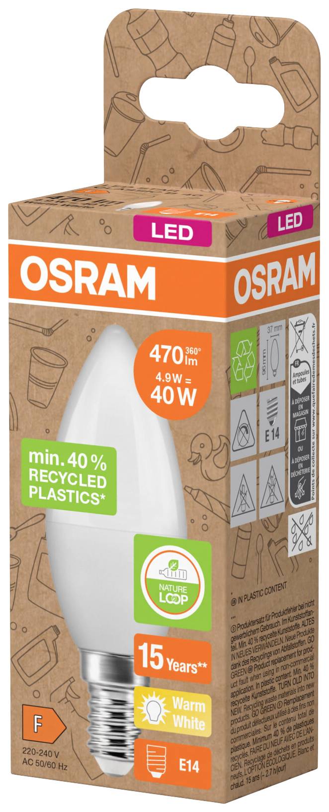 OSRAM HOMELIGHTING 4058075831964 LED EEK F (A - G) E14 Kerzenform 4.9 W = 40 W Warmweiß (Ø x L) 37 mm x 96 mm 1 St.