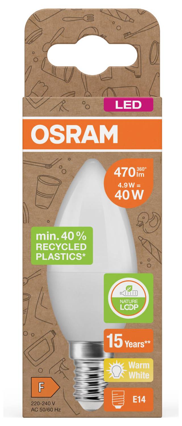 OSRAM LED-Kerzenlampe, Verpackung, 40-W-Äquivalent, 470 lm, warmweiß, E14-Fassung, mindestens 40% recycelter Kunststoff, 15 Jahre, Energieklasse F