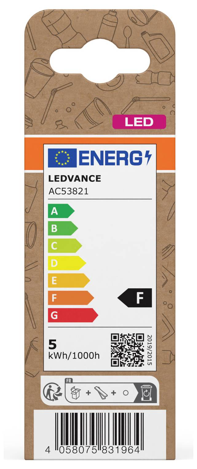 LEDVANCE AC53821 LED-Lampenverpackung mit EU-Energielabel der Klasse F, 5 kWh/1000h, mit Barcode und QR-Code.