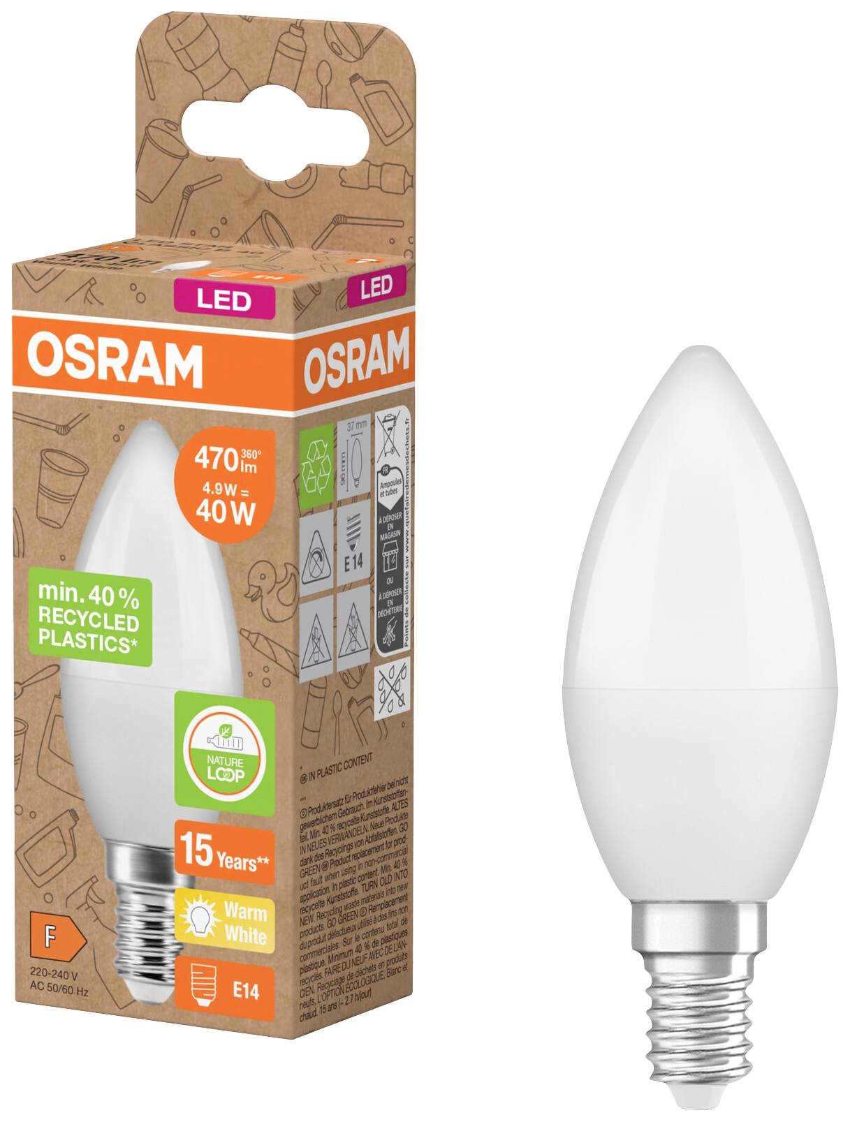 OSRAM HOMELIGHTING 4058075831964 LED EEK F (A - G) E14 Kerzenform 4.9W = 40W Warmweiß (Ø x L) 37mm x 96mm
