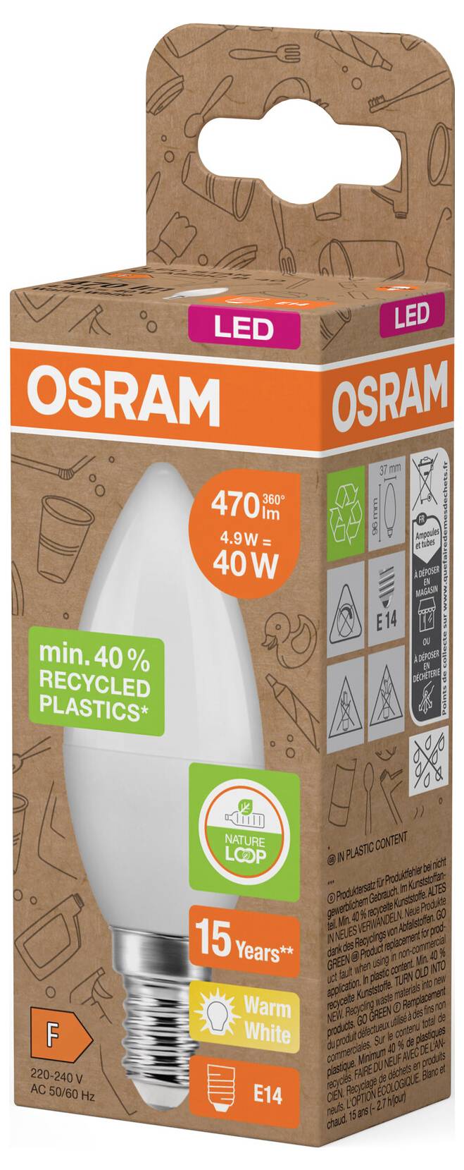 OSRAM LED-Glühbirne, 40W-Äquivalent, warmweiß, E14-Sockel, mit 15 Jahren Lebensdauer und mindestens 40% recyceltem Kunststoff.