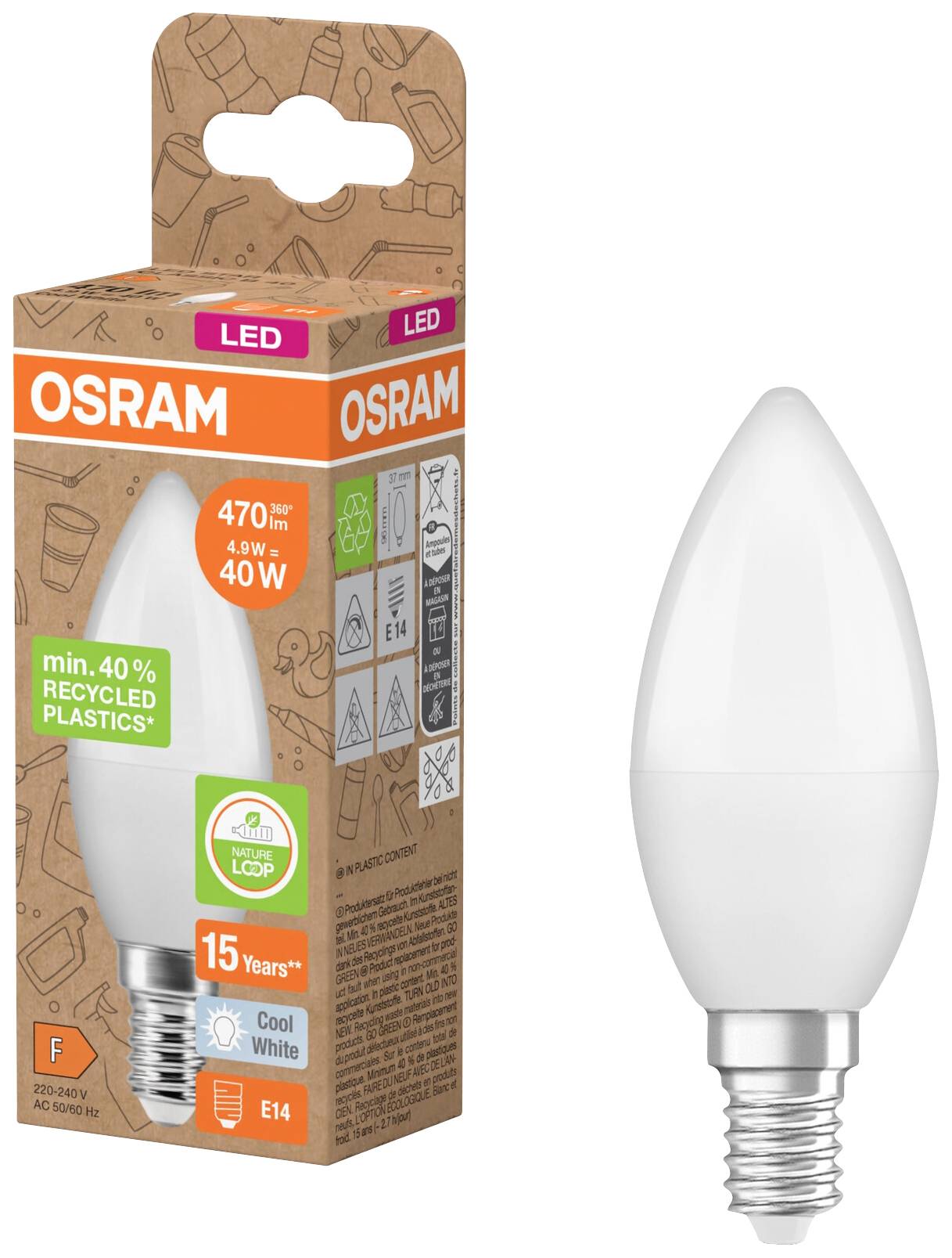 OSRAM HOMELIGHTING 4058075831988 LED EEK F (A - G) E14 Kerzenform 4.9 W = 40 W Neutralweiß (Ø x L) 37 mm x 96 mm 1 St.