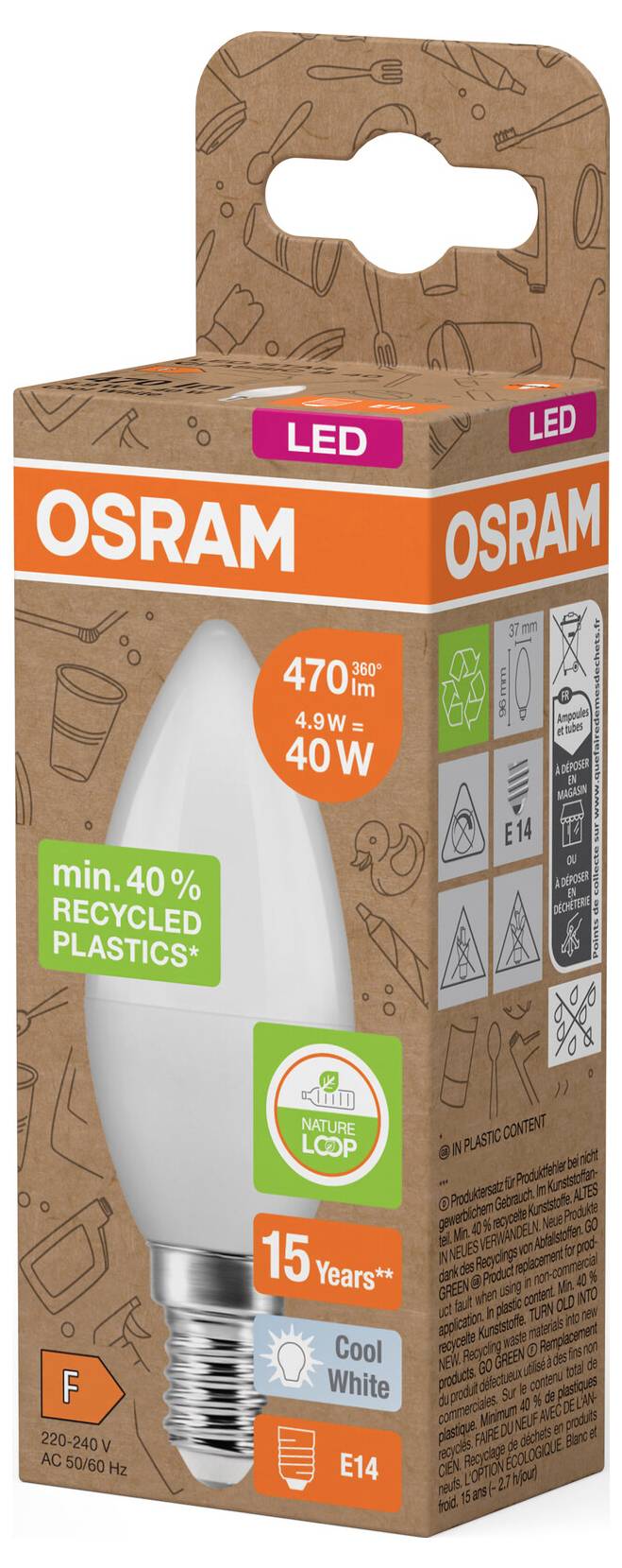 OSRAM LED-Glühbirne in orangem und braunem Recycling-Kunststoff-Karton, gekennzeichnet als 40-W-Äquivalent, 470 lm, Kaltweiß, E14-Sockel, 15 Jahre Lebensdauer.