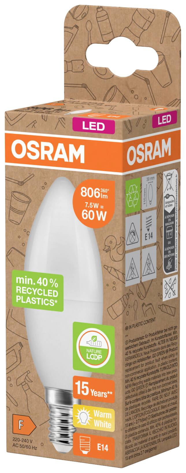OSRAM HOMELIGHTING 4058075832008 LED EEK F (A - G) E14 Kerzenform 7.5 W = 60 W Warmweiß (Ø x L) 39 mm x 115 mm 1 St.