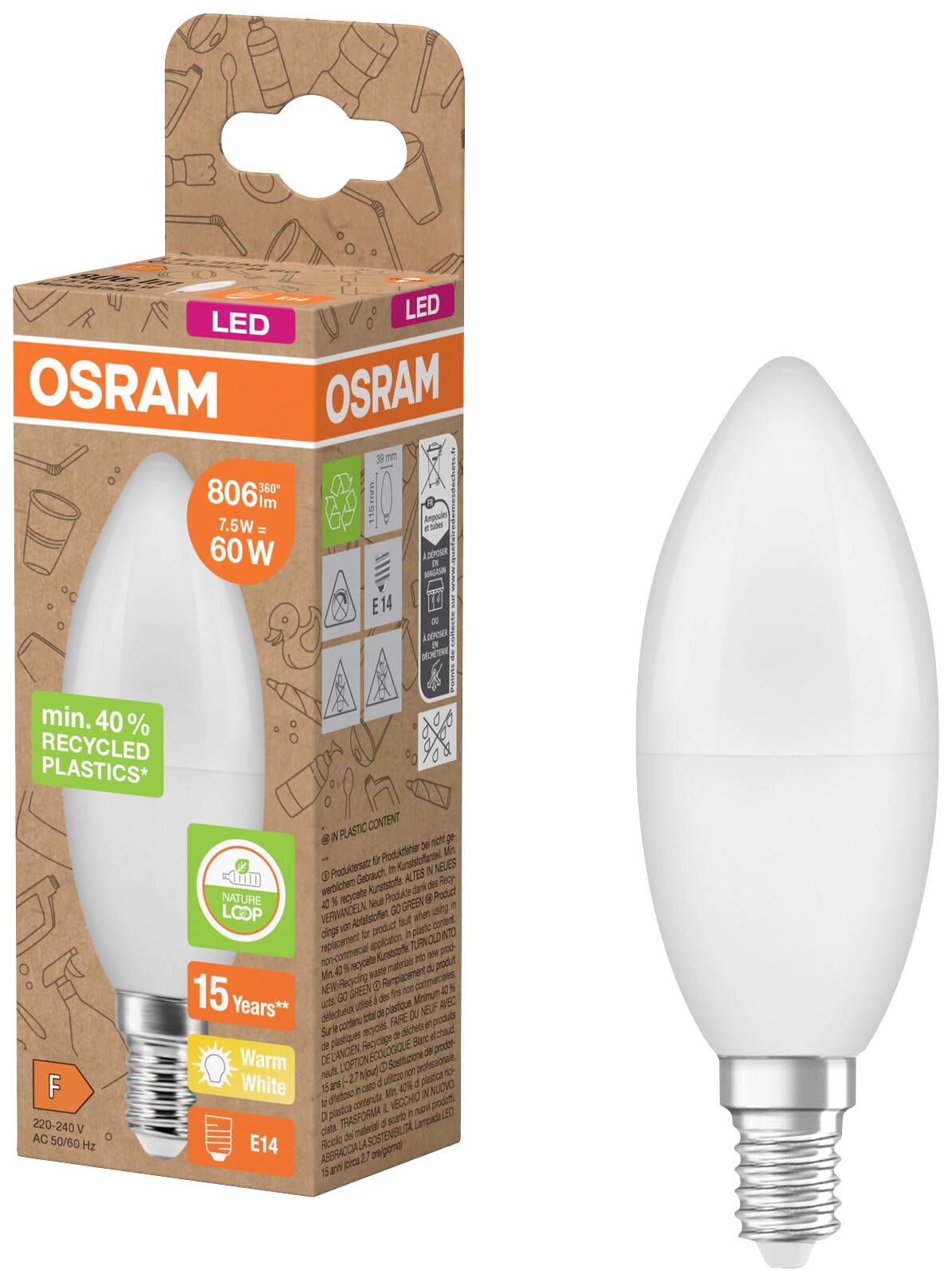 OSRAM HOMELIGHTING 4058075832008 LED EEK F (A - G) E14 Kerzenform 7.5 W = 60 W Warmweiß (Ø x L) 39 mm x 115 mm 1 St.
