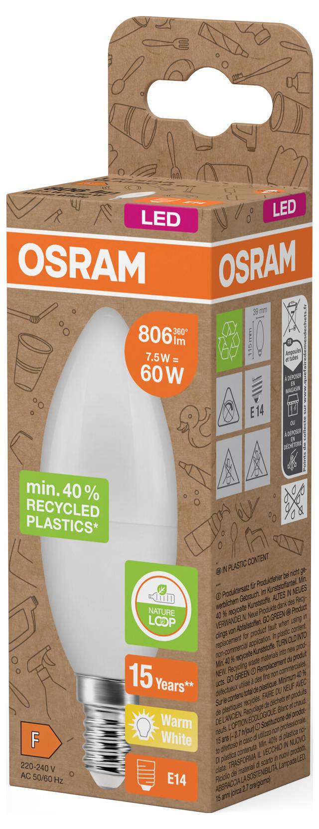 OSRAM LED-Glühbirne Einzelhandelsverpackung, 60-W-Äquivalent, Warmweiß, E14-Sockel, 806 Lumen, mit Angabe von 40% recyceltem Kunststoff.
