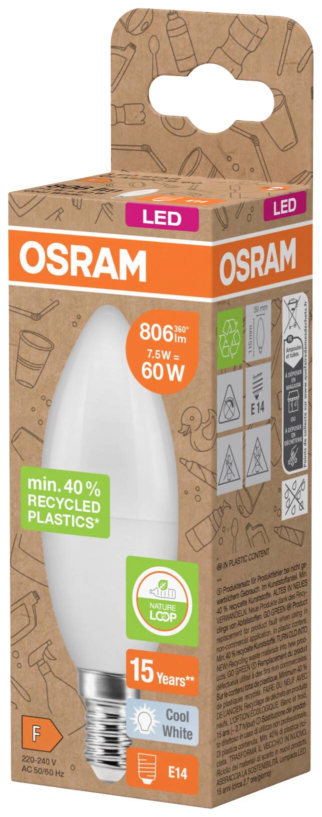 OSRAM HOMELIGHTING 4058075832022 LED EEK F (A - G) E14 Kerzenform 7.5W = 60W Neutralweiß (Ø x L) 39mm x 115mm 1St.