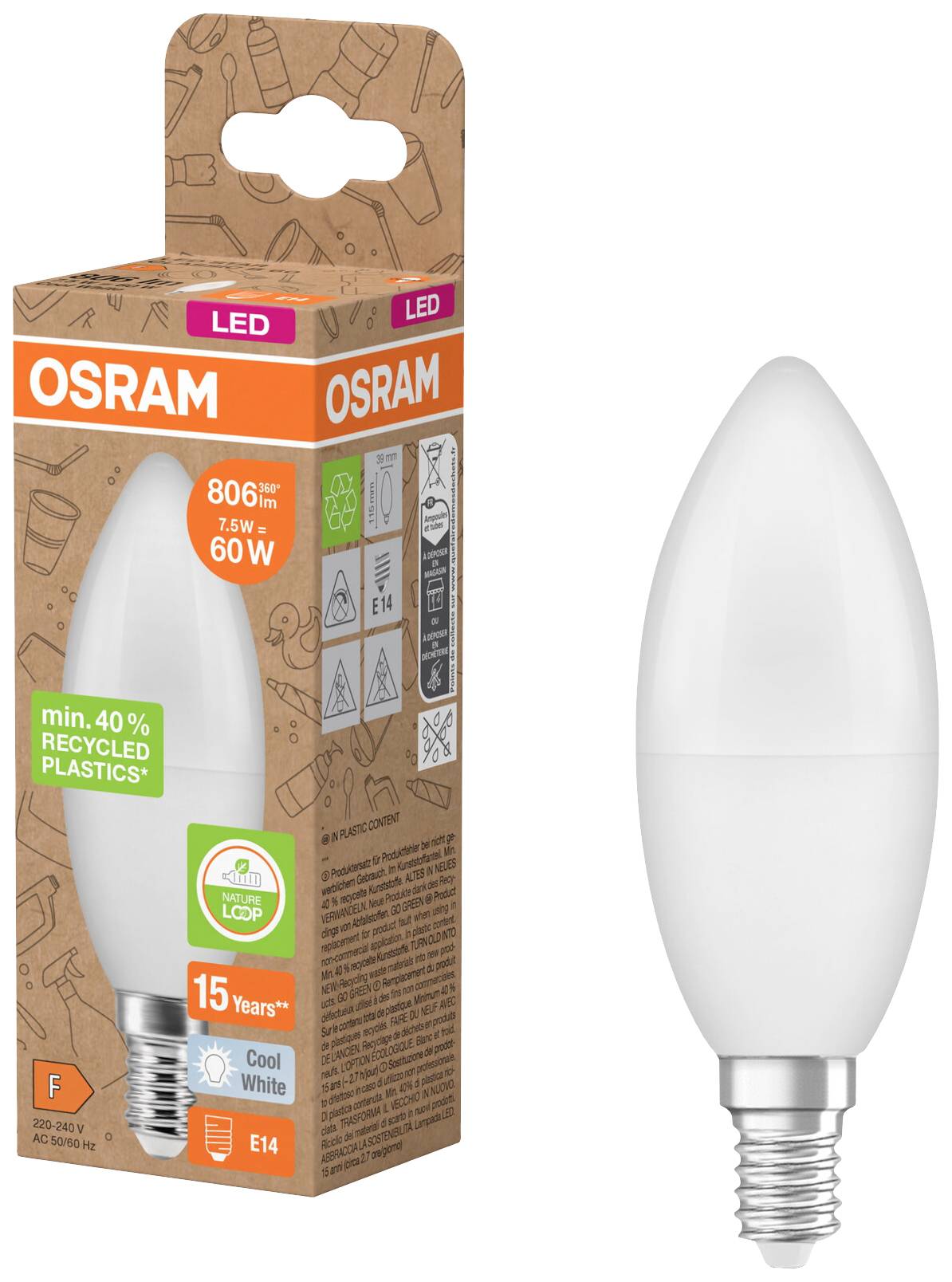 OSRAM HOMELIGHTING 4058075832022 LED EEK F (A - G) E14 Kerzenform 7.5 W = 60 W Neutralweiß (Ø x L) 39 mm x 115 mm 1 St.