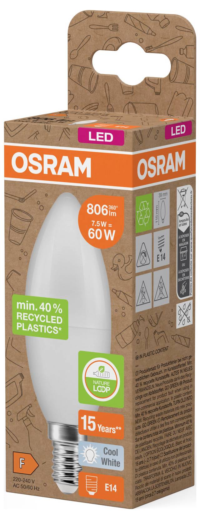 OSRAM LED-Glühbirne, Verpackung, 806 Lumen, 7,5W, 60W Äquivalent, Kaltweiß, E14-Sockel, 40% recycelter Kunststoff, 15 Jahre Lebensdauer.